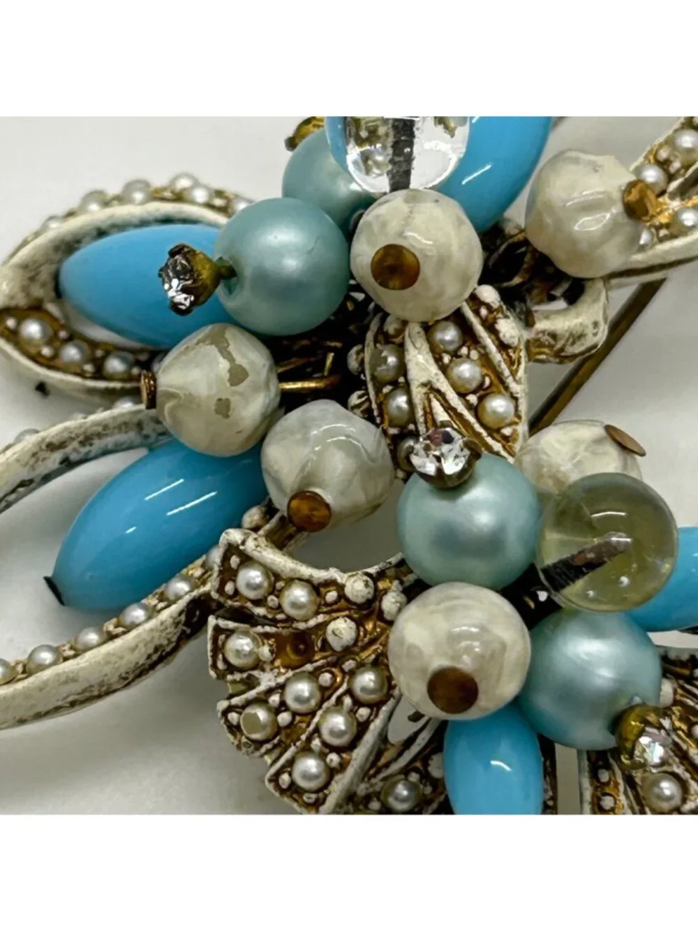 Vintage Coro Pin Brooch With Faux Pearls Faux Turquoise Beads, Floral Bow READ